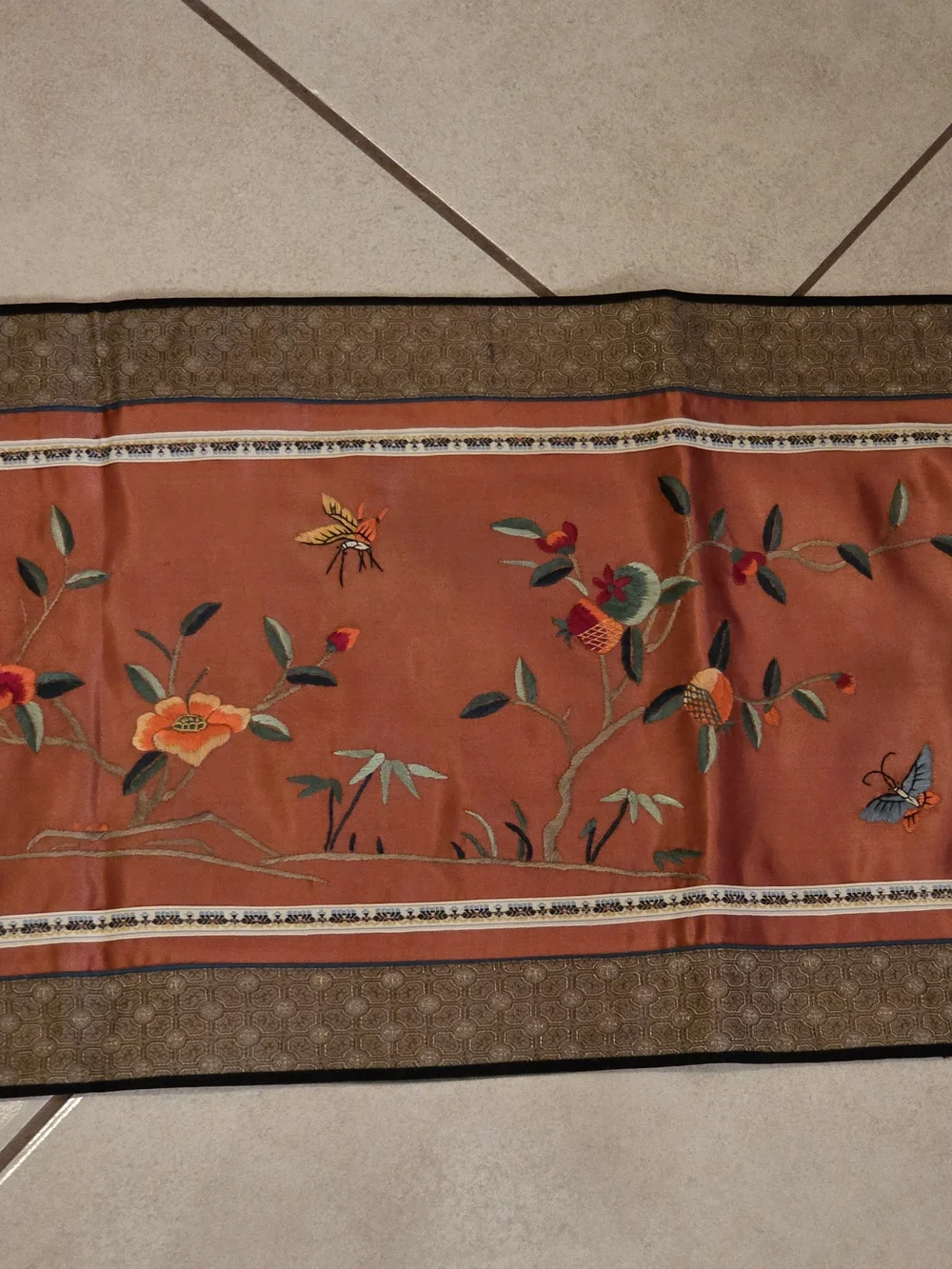 Chinese Silk Embroidered Birds Floral Panel Tapestry Table Runner 70